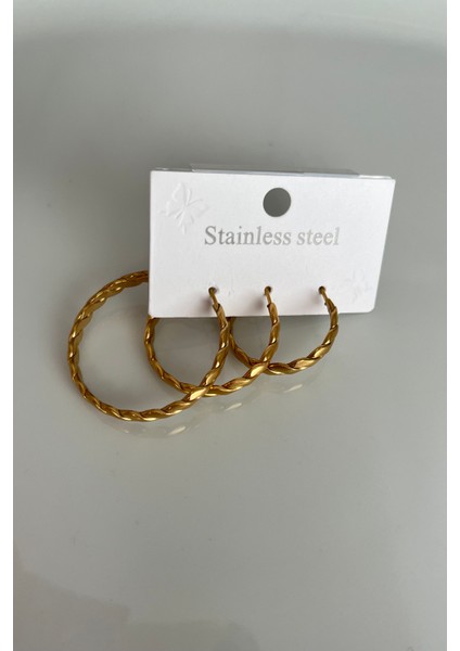 Lüks Burgu Desenli Paslanmaz Çelik Halka Küpe Seti - 3 Boy Altın Tonu