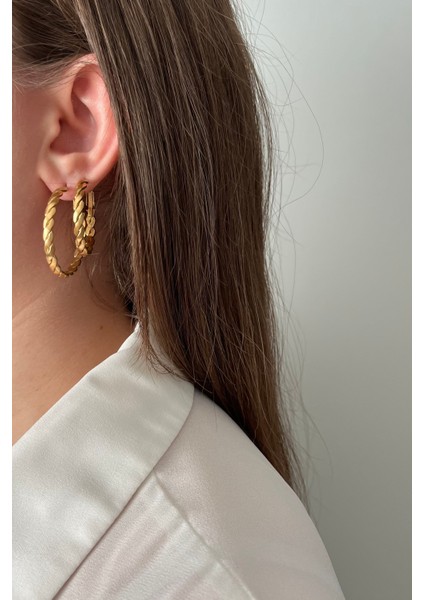 Lüks Burgu Desenli Paslanmaz Çelik Halka Küpe Seti - 3 Boy Altın Tonu fırsatları