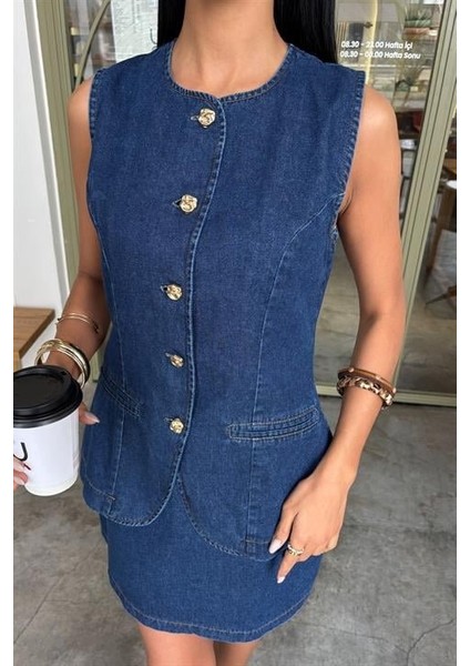 Kolsuz Yelekli Mini Etekli Denim Takım 10164