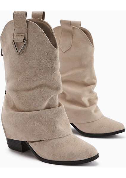 Peggy Bej Süet Kadın Topuklu Western Çizme fiyatları