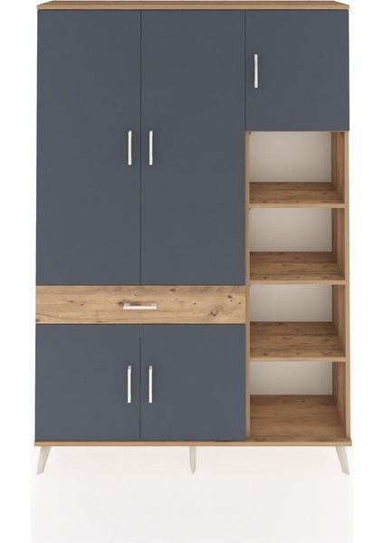 Arges Dolap 10 Raflı Tek Çekmeceli 5 Kapaklı 132X30X195 Çam-Antrasit/çam