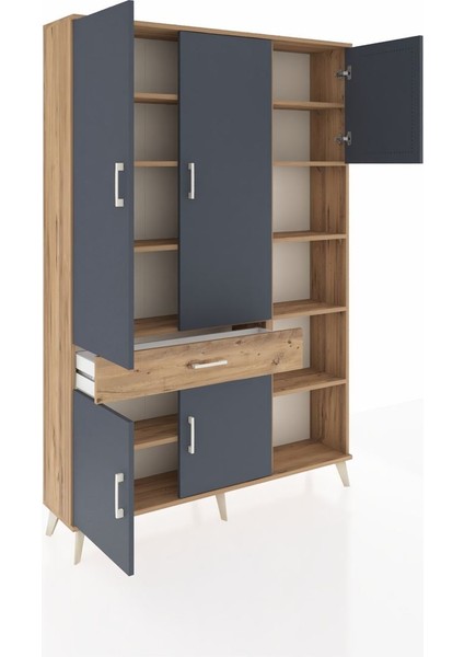 Arges Dolap 10 Raflı Tek Çekmeceli 5 Kapaklı 132X30X195 Çam-Antrasit/çam indirimleri