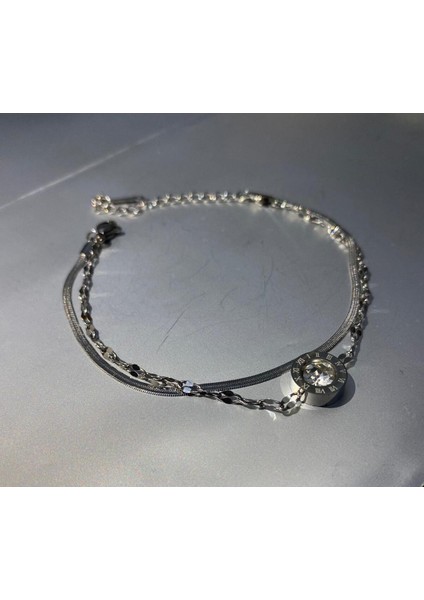 Stainles Steel Zirkon Taşlı Çelik Ikili Bileklik