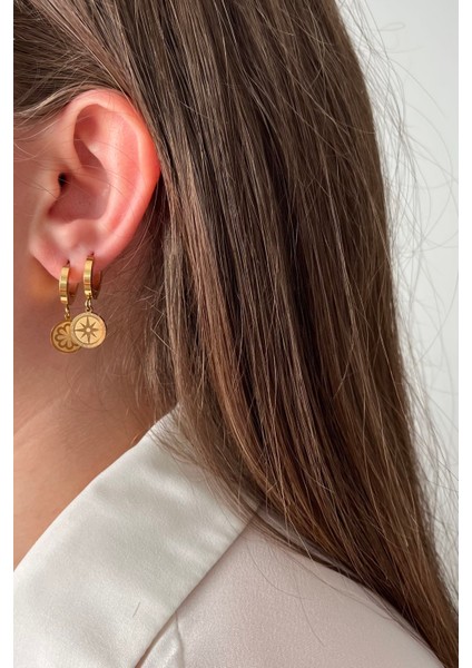 6'lı Trend Sallantılı Halka Küpe Seti - Gold Tonu Paslanmaz Çelik Çiçek, Kilit ve Güneş Kombin fiyatları