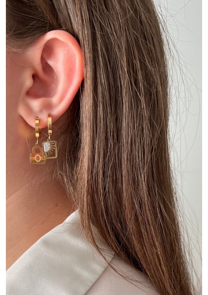 6'lı Trend Sallantılı Halka Küpe Seti - Gold Tonu Paslanmaz Çelik Çiçek, Kilit ve Güneş Kombin modelleri