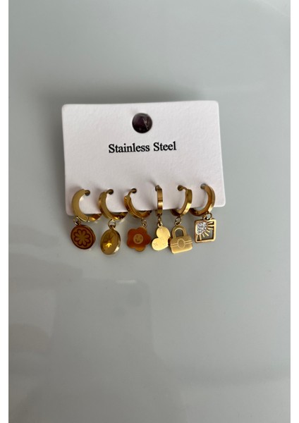 6'lı Trend Sallantılı Halka Küpe Seti - Gold Tonu Paslanmaz Çelik Çiçek, Kilit ve Güneş Kombin fırsatları