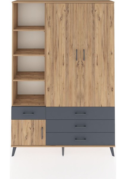 Arges Dolap 5 Raflı 4 Çekmeceli Tek Askılı 132X30X195 Çam-Çam/antrasit
