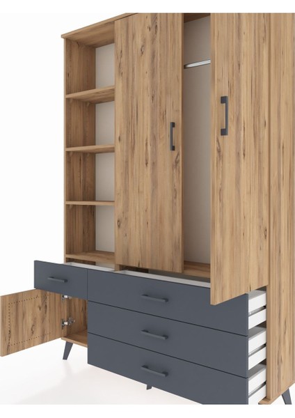 Arges Dolap 5 Raflı 4 Çekmeceli Tek Askılı 132X30X195 Çam-Çam/antrasit fırsatları