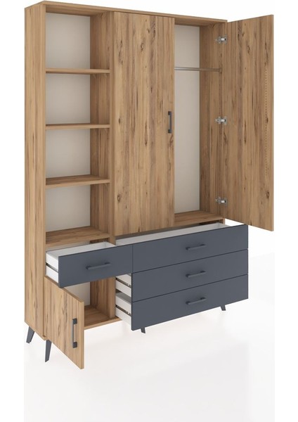 Arges Dolap 5 Raflı 4 Çekmeceli Tek Askılı 132X30X195 Çam-Çam/antrasit indirimleri