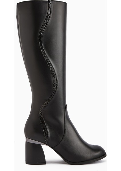 Kaylin Hakiki Deri Siyah Yılan Desenli Detaylı Kadın Topuklu Çizme