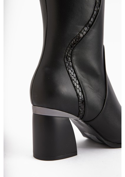 Kaylin Hakiki Deri Siyah Yılan Desenli Detaylı Kadın Topuklu Çizme modelleri