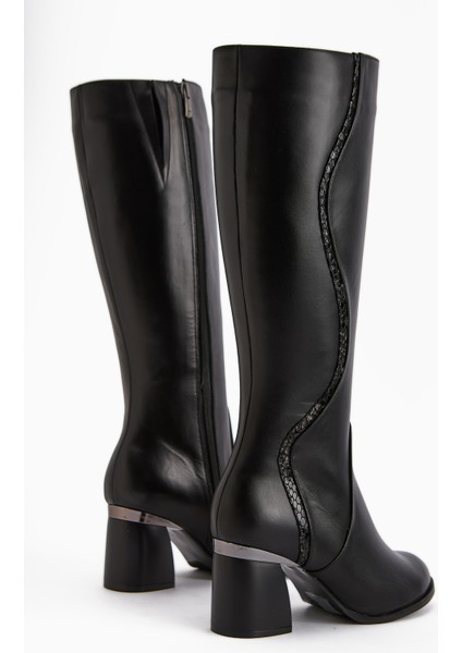 Kaylin Hakiki Deri Siyah Yılan Desenli Detaylı Kadın Topuklu Çizme indirimleri