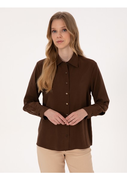 Kadın Koyu Kahverengi Comfort Fit Uzun Kollu Gömlek 50318219-VR084