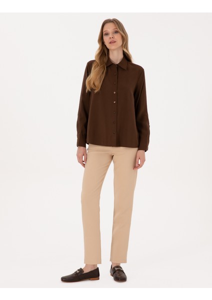 Kadın Koyu Kahverengi Comfort Fit Uzun Kollu Gömlek 50318219-VR084 fırsatları