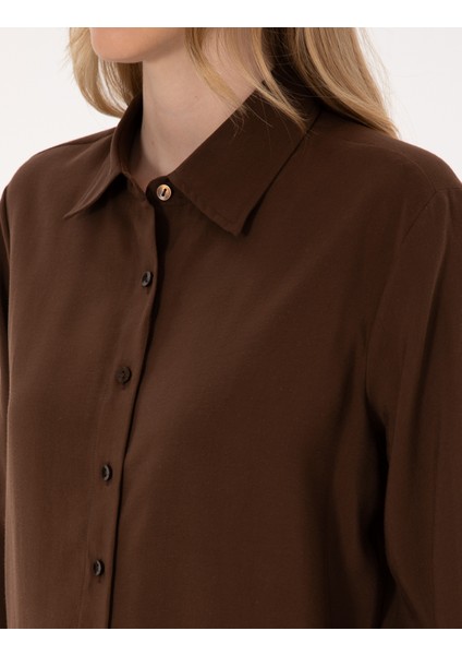 Kadın Koyu Kahverengi Comfort Fit Uzun Kollu Gömlek 50318219-VR084