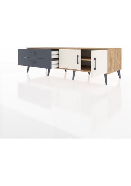 Kronos Tv Ünitesi Tek Raflı 2 Çekmeceli 2 Kapaklı 176X59X51 Çam-Aytaşı/antrasit modelleri