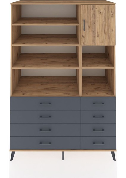 Kronos Dolap 8 Raflı 8 Çekmeceli Tek Kapaklı 132X59X195 Çam-Çam/antrasit