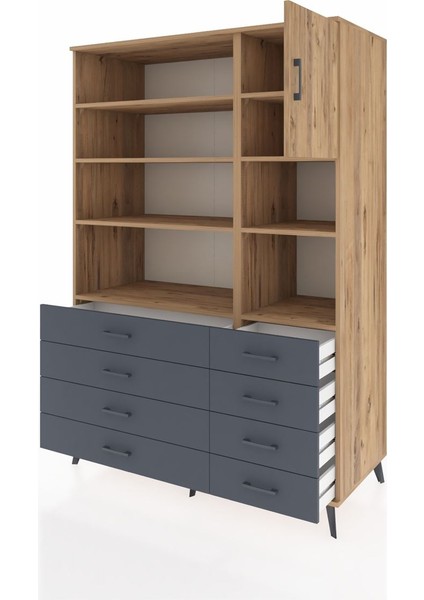 Kronos Dolap 8 Raflı 8 Çekmeceli Tek Kapaklı 132X59X195 Çam-Çam/antrasit modelleri