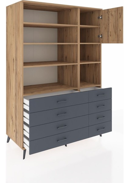 Kronos Dolap 8 Raflı 8 Çekmeceli Tek Kapaklı 132X59X195 Çam-Çam/antrasit indirimleri