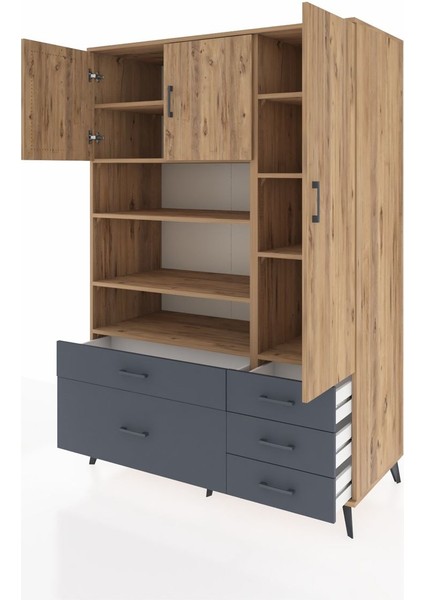 Kronos Dolap 9 Raflı 5 Çekmeceli 3 Kapaklı 132X59X195 Çam-Çam/antrasit modelleri
