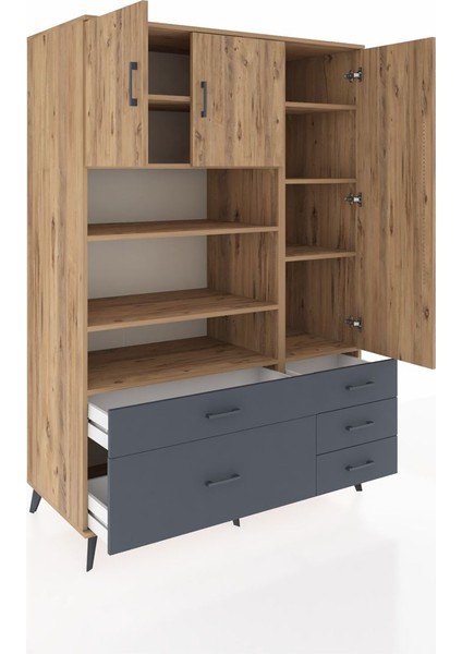 Kronos Dolap 9 Raflı 5 Çekmeceli 3 Kapaklı 132X59X195 Çam-Çam/antrasit indirimleri