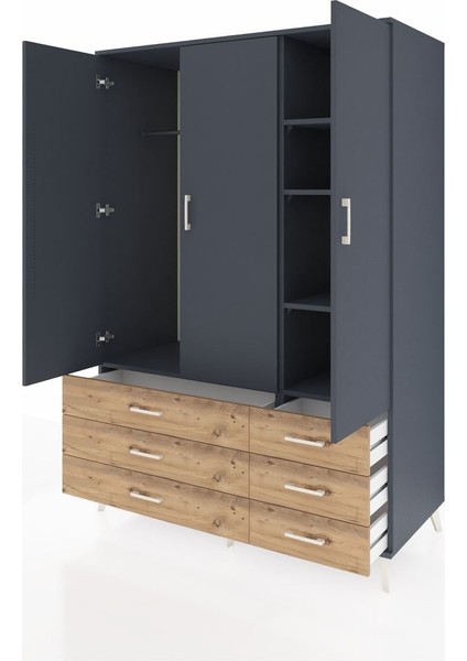 Kronos Dolap 5 Raflı 6 Çekmeceli Tek Askılı 132X59X195 Antrasit-Antrasit/çam modelleri