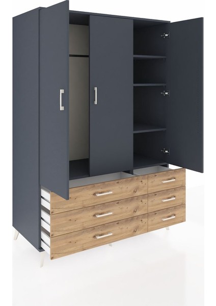 Kronos Dolap 5 Raflı 6 Çekmeceli Tek Askılı 132X59X195 Antrasit-Antrasit/çam indirimleri