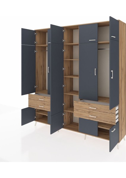 Hyperion Dolap 11 Raflı 4 Çekmeceli 2 Askılı 220X44X243 Çam-Antrasit/çam modelleri