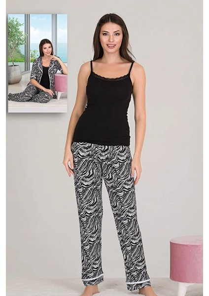 Lady Desenli Viskon Kumaş Kısa Kollu Gömlekli ve Askılı 3lü Pijama Takımı