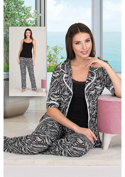 Lady Desenli Viskon Kumaş Kısa Kollu Gömlekli ve Askılı 3lü Pijama Takımı fiyatları