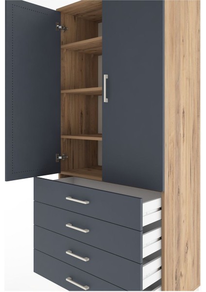 Hyperion Dolap 4 Raflı 4 Çekmeceli 2 Kapaklı 88X44X195 Çam-Antrasit indirimleri