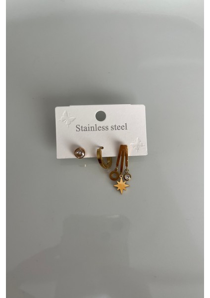 Modern Katmanlı Paslanmaz Çelik Küpe Seti - Yıldız, Taş ve Halka Kombini fiyatları