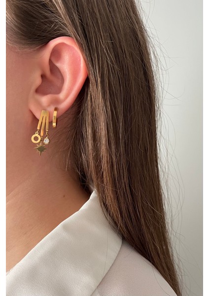 Modern Katmanlı Paslanmaz Çelik Küpe Seti - Yıldız, Taş ve Halka Kombini modelleri