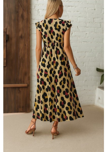 Kadın Kısa Kollu V Yakalı Desenli Yandan Yırtmaçlı Süprem Elbise modelleri