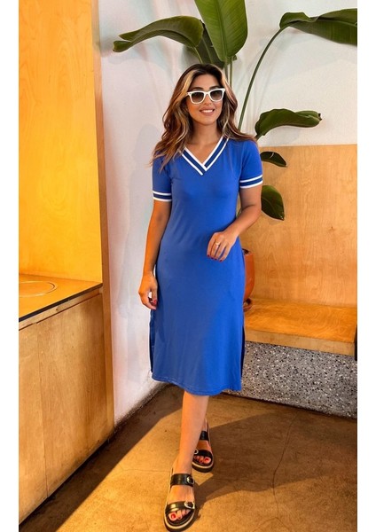 Kadın Kısa Kollu V Yaka ve Yaka Ribana Detay Midiboy Viskon Elbise modelleri