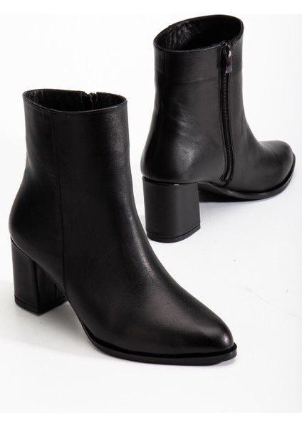 Siyah Hakiki Fermuarlı Sivri Burun Özel Tasarım Premium Kadın Topuklu Bot