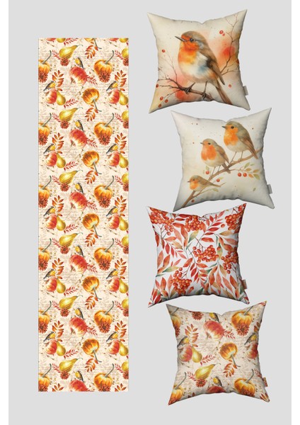 Sonbahar Temalı Nar Bülbülü Desenli 4 Kırlent Kılıfı 1 Runner Seti