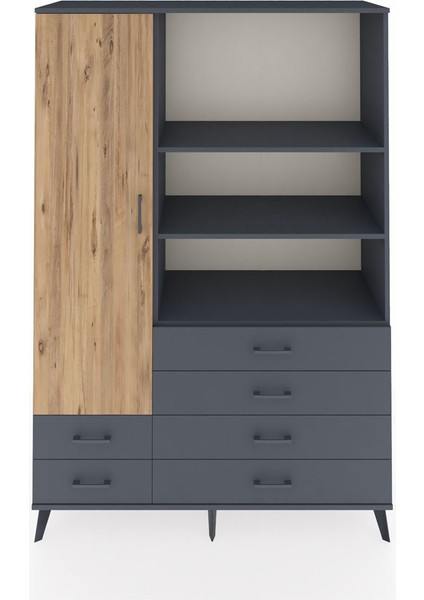 Hyperion Dolap 7 Raflı 6 Çekmeceli Tek Kapaklı 132X44X195 Antrasit-Çam/antrasit