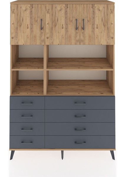 Hyperion Dolap 8 Raflı 8 Çekmeceli 3 Kapaklı 132X44X195 Çam-Çam/antrasit