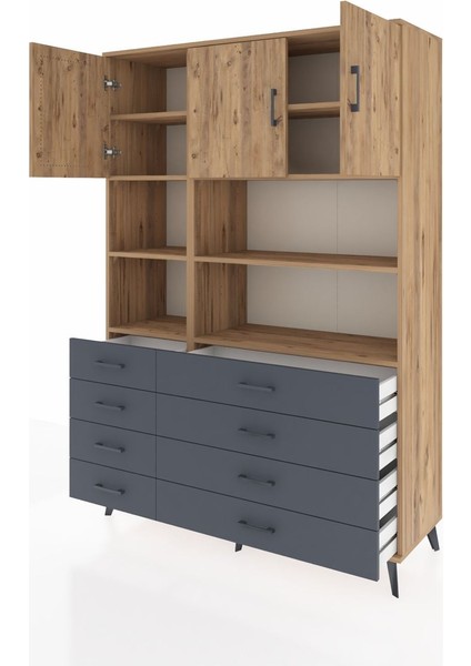 Hyperion Dolap 8 Raflı 8 Çekmeceli 3 Kapaklı 132X44X195 Çam-Çam/antrasit modelleri