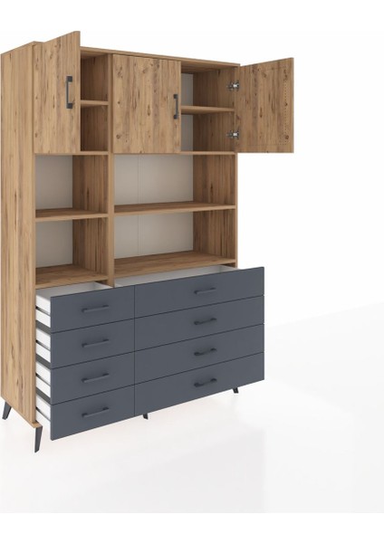 Hyperion Dolap 8 Raflı 8 Çekmeceli 3 Kapaklı 132X44X195 Çam-Çam/antrasit indirimleri