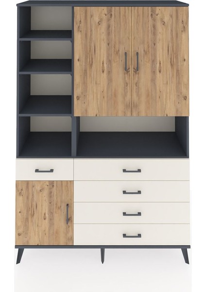 Hyperion Dolap 8 Raflı 5 Çekmeceli 3 Kapaklı 132X44X195 Antrasit-Çam/aytaşı