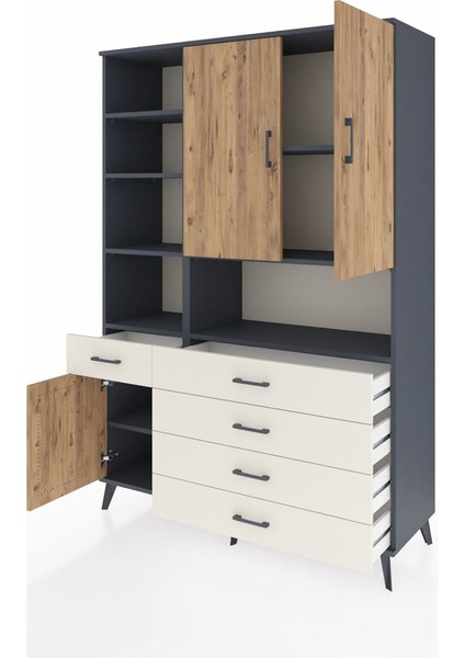 Hyperion Dolap 8 Raflı 5 Çekmeceli 3 Kapaklı 132X44X195 Antrasit-Çam/aytaşı modelleri