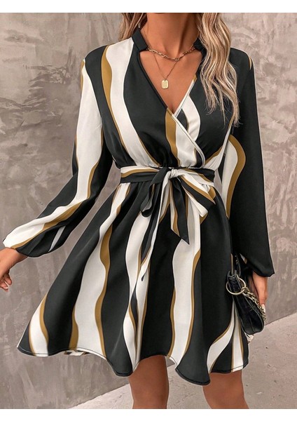 Kadın Uzun Kollu Kruvaze Yakalı Desenli Modal Mini Elbise indirimleri