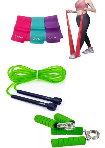 3'lü Set Aerobik Yoğa Egzersiz Pilates Bandı Seti Atlama Ipi El Parmak Bilek Kol Güçlendirme El Yayı