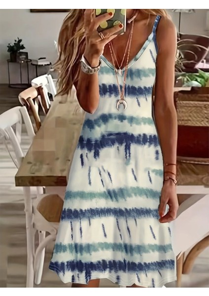 Kadın Ip Askılı V Yakalı Karışık Renkli Süprem Elbise