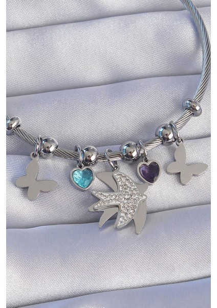 316L Çelik Gümüş Renk Zirkon Taşlı Kuş Tasarımlı Kelebek Detay Charm Bileklik - Lisinya fiyatları