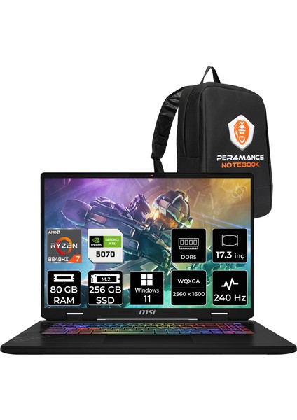 Msı Crosshair A17 Hx Amd Ryzen 7 8840HX 80GB 256GB SSD RTX5070/8GB 115W 17" Qhd+ 240Hz W11H Taşınabilir Bilgisayar & Per4 Çanta D8WGKG038XTRP403