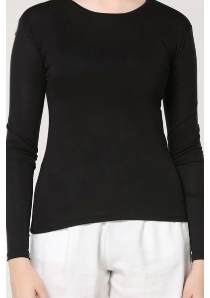 Rahat ve Şık Uzun Kollu Bisiklet Yaka Likralı Viskon Penye Body Siyah ( Lisinya )