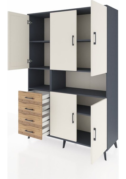 Hyperion Dolap 7 Raflı 4 Çekmeceli 5 Kapaklı 132X44X195 Antrasit-Aytaşı/çam modelleri